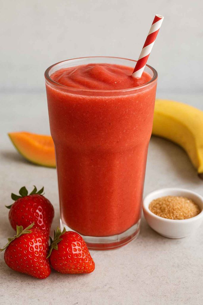 A red Caribbean Way smoothie served in a tall glass with fresh strawberries, banana, and papaya slice.