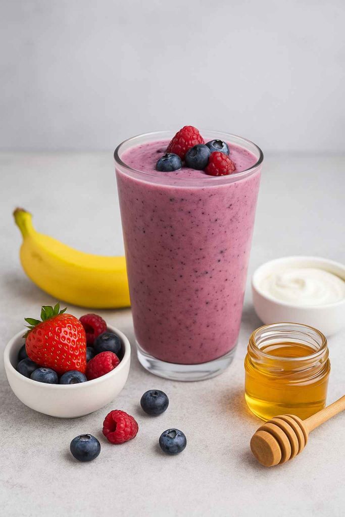 Banana Berry Treat smoothie topped with strawberries, blueberries, and raspberries beside banana, honey, and yogurt.