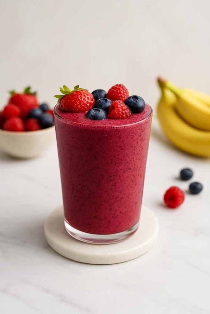 Vibrant red-purple Razzmatazz smoothie in a clear glass topped with fresh berries on a marble surface, with bananas and berries blurred in the background.
