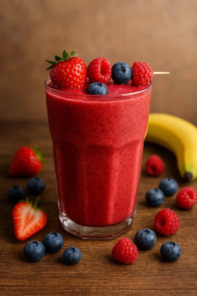 Bright red Jamba Juice Razzmatazz smoothie topped with fresh raspberries, blueberries, and a strawberry on a wooden table with bananas and berries around it.