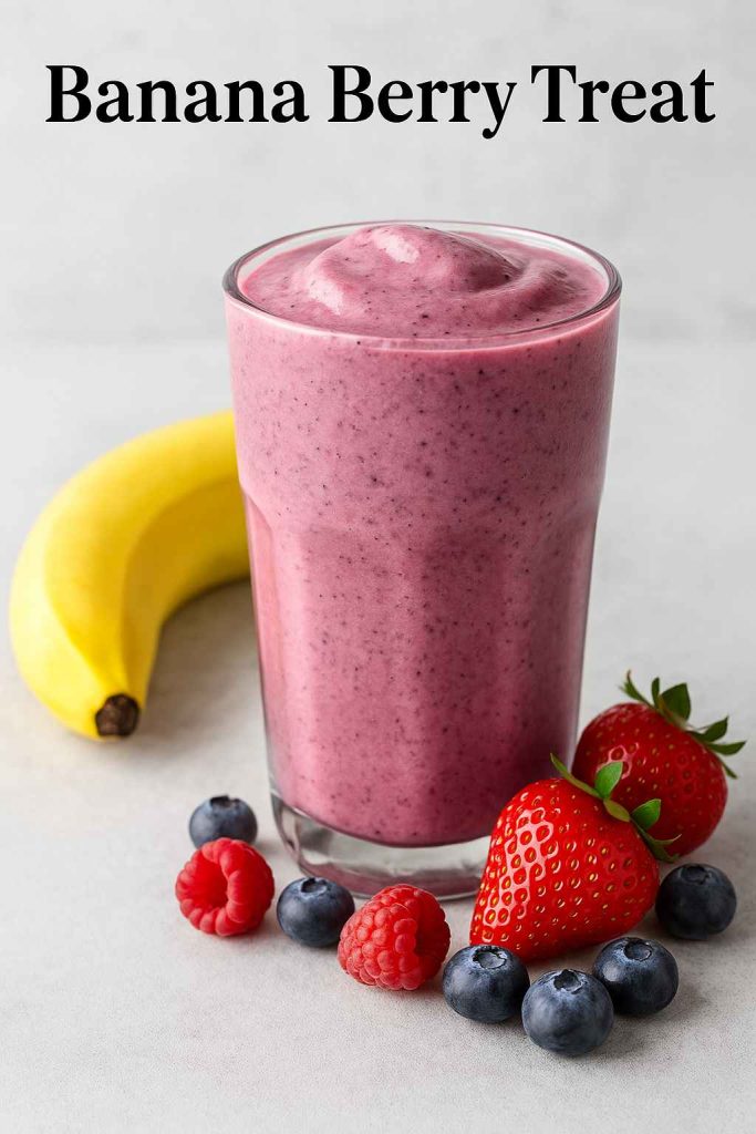 Banana Berry Treat smoothie served in a tall clear glass with a ripe banana and mixed berries.
