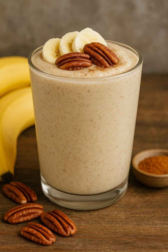 Thick vanilla Smoothie King Hulk smoothie in a tall glass topped with crushed pecans, banana slices, and ice cream.