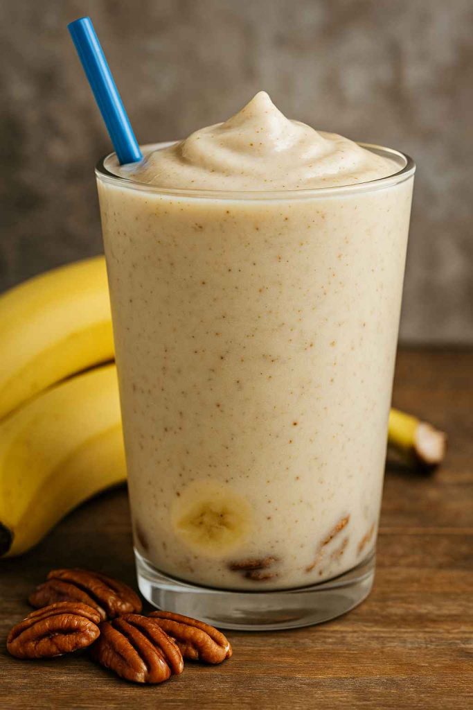 Close up of a homemade Smoothie King Hulk smoothie surrounded by bananas, pecans, vanilla ice cream, and soy milk.