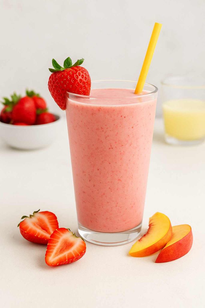 Fresh homemade Jamba Strawberry Surfrider smoothie inspired by Jamba Juice, made with lemonade, lime sherbet, strawberries, and peaches served in a tall glass.