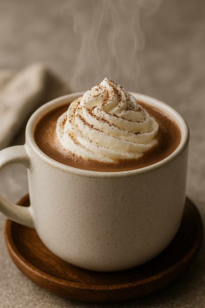 A freshly made mug of hot chocolate steaming with whipped cream swirl and light cocoa sprinkle.