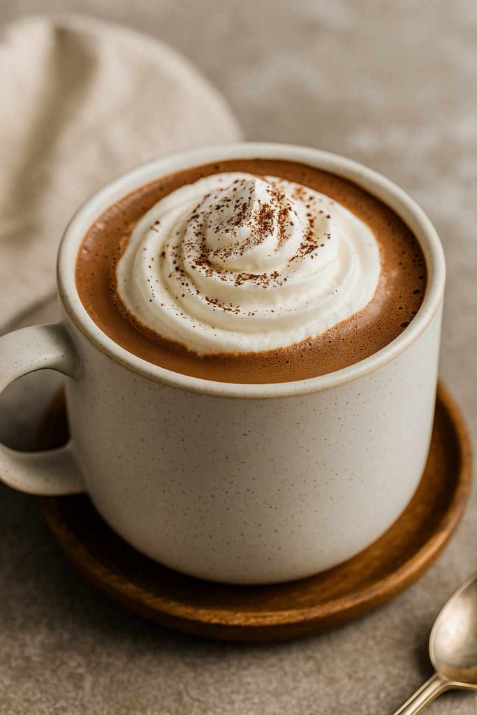 Homemade McDonald’s hot chocolate in a ceramic mug with whipped cream and cocoa dusting on top.
