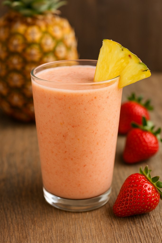 A close up of a pineapple-strawberry smoothie topped with a pineapple wedge, surrounded by fresh strawberries and a whole pineapple in the background.