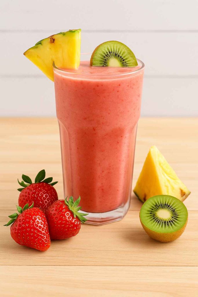 Pineapple Surf smoothie served in a tall glass with strawberries, pineapple, and kiwi slices on a rustic wooden surface.