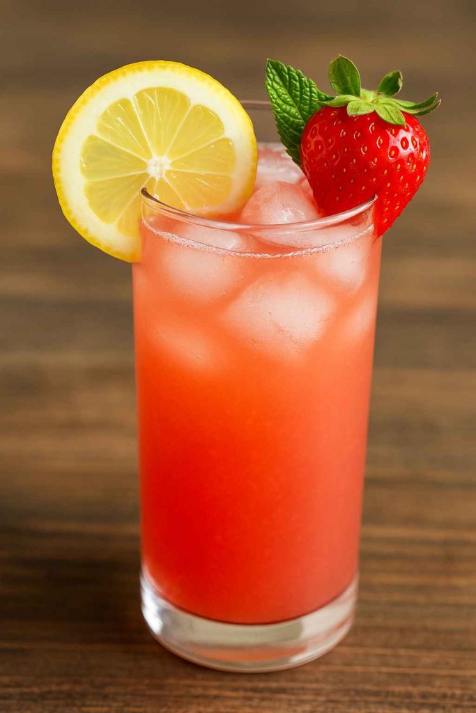 Glass of homemade Wendy’s Strawberry Lemonade with crushed strawberries, lemon slices, and ice.