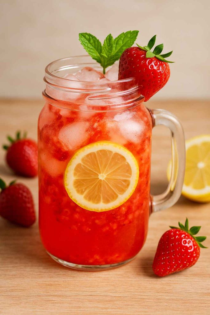 Wendy’s Strawberry Lemonade served in a mason jar with crushed strawberries, ice, lemon slice, and fresh mint.