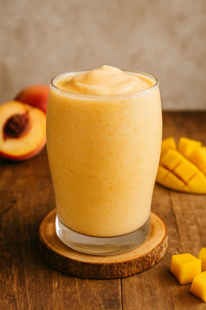 Homemade White Gummy Bear smoothie inspired by Jamba Juice, served in a chilled glass with a creamy peach mango texture.
