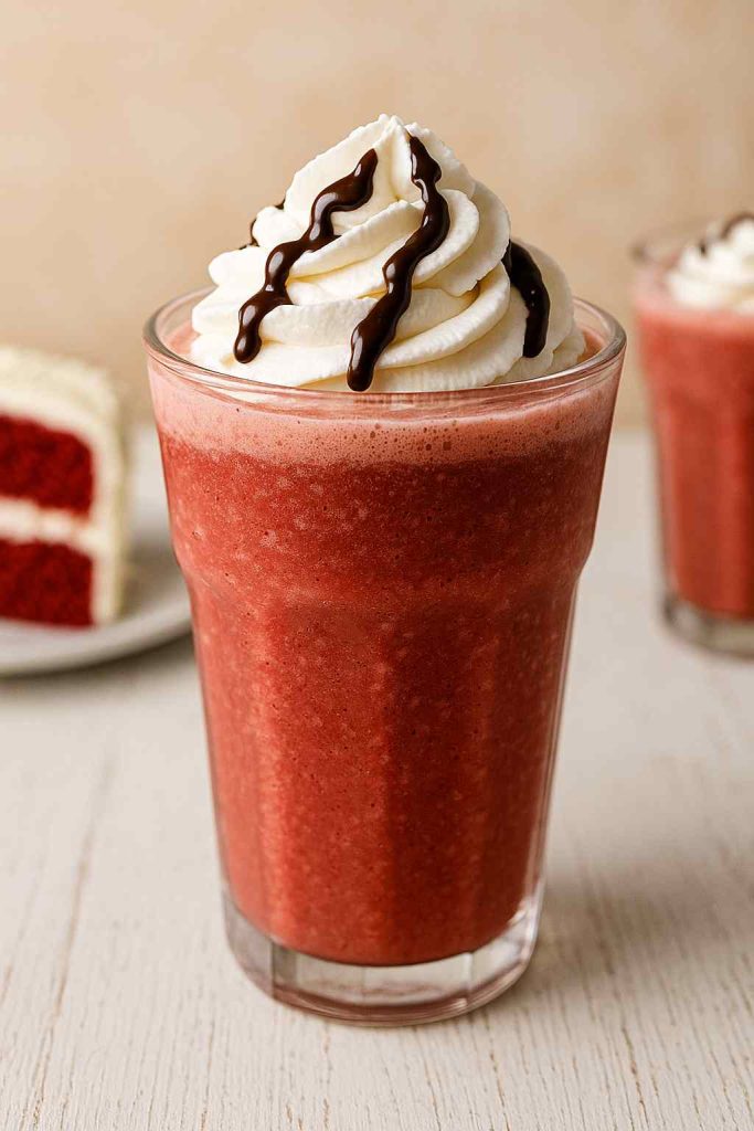Close-up of a creamy red velvet frappuccino with whipped topping and chocolate drizzle.