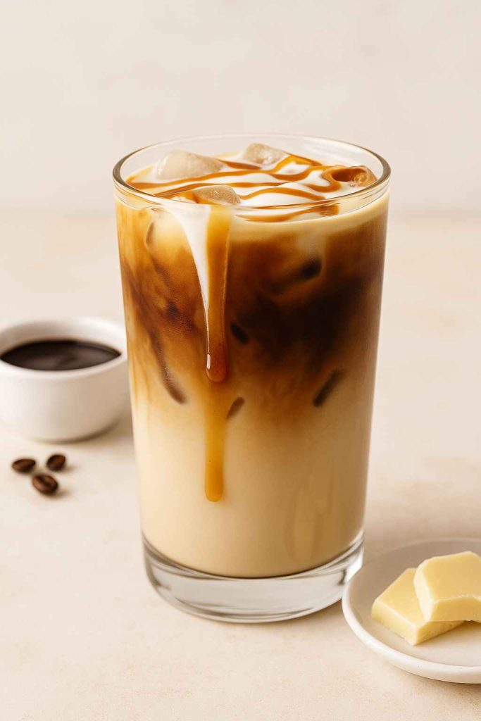 Close-up of a homemade Starbucks Coconut Milk Mocha Macchiato with espresso layers, caramel drizzle, ice cubes, and white chocolate pieces on a light surface.