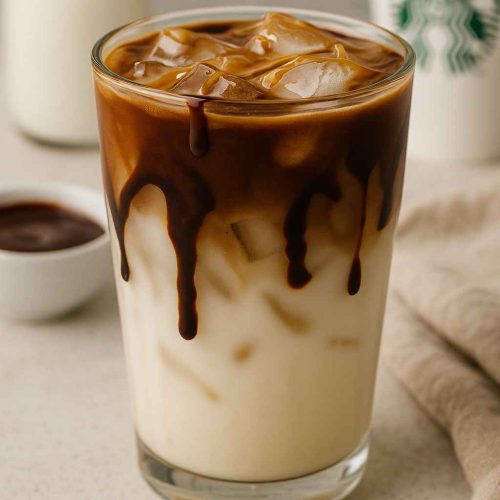 Iced Starbucks-style Coconut Milk Mocha Macchiato with rich espresso drips and coconut milk layers in a clear glass on a neutral countertop.