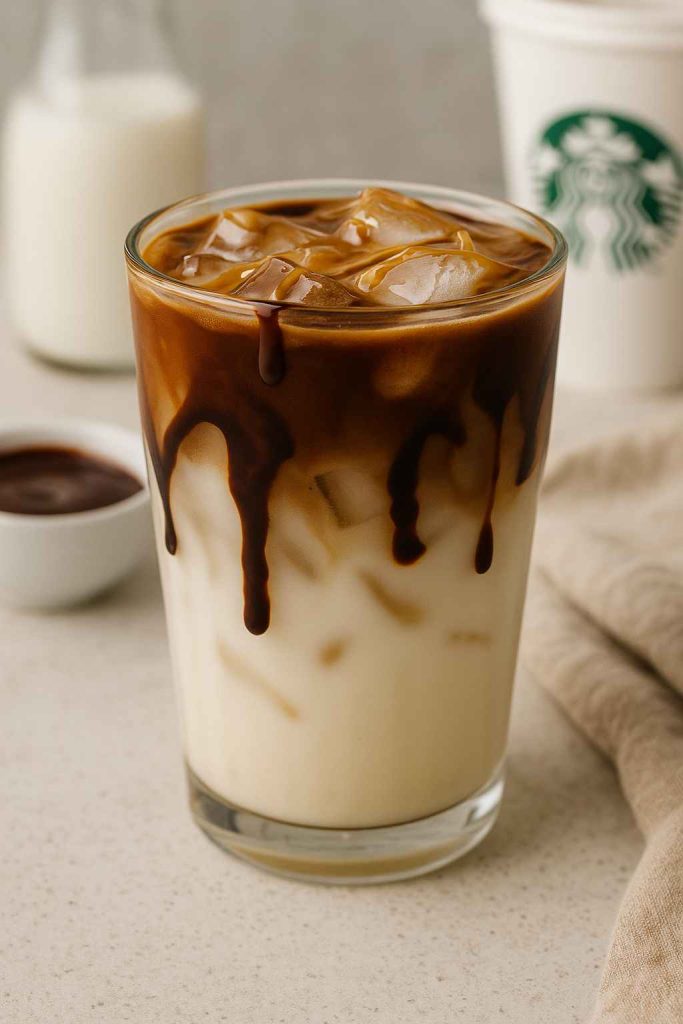 Iced Starbucks-style Coconut Milk Mocha Macchiato with rich espresso drips and coconut milk layers in a clear glass on a neutral countertop.